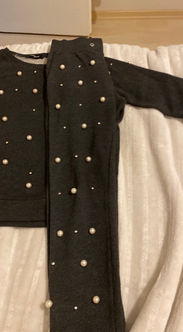 İnci Detaylı Gri Kız eşofman sweatshirt Takım - Görsel 2