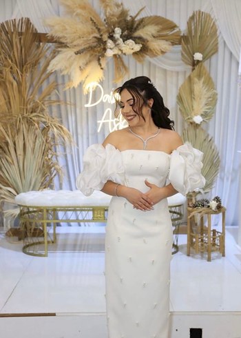 İnci İşlemeli Beyaz Uzun Nikah Söz Elbisesi - Görsel 4