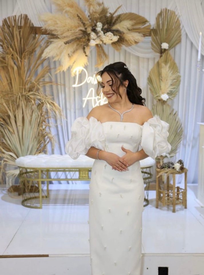 İnci İşlemeli Beyaz Uzun Nikah Söz Elbisesi - Görsel 4