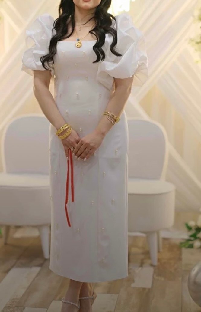 İnci İşlemeli Beyaz Uzun Nikah Söz Elbisesi - Görsel 2