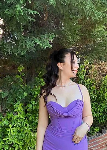 Mor Drapeli Uzun Straplez Elbise - Görsel 3