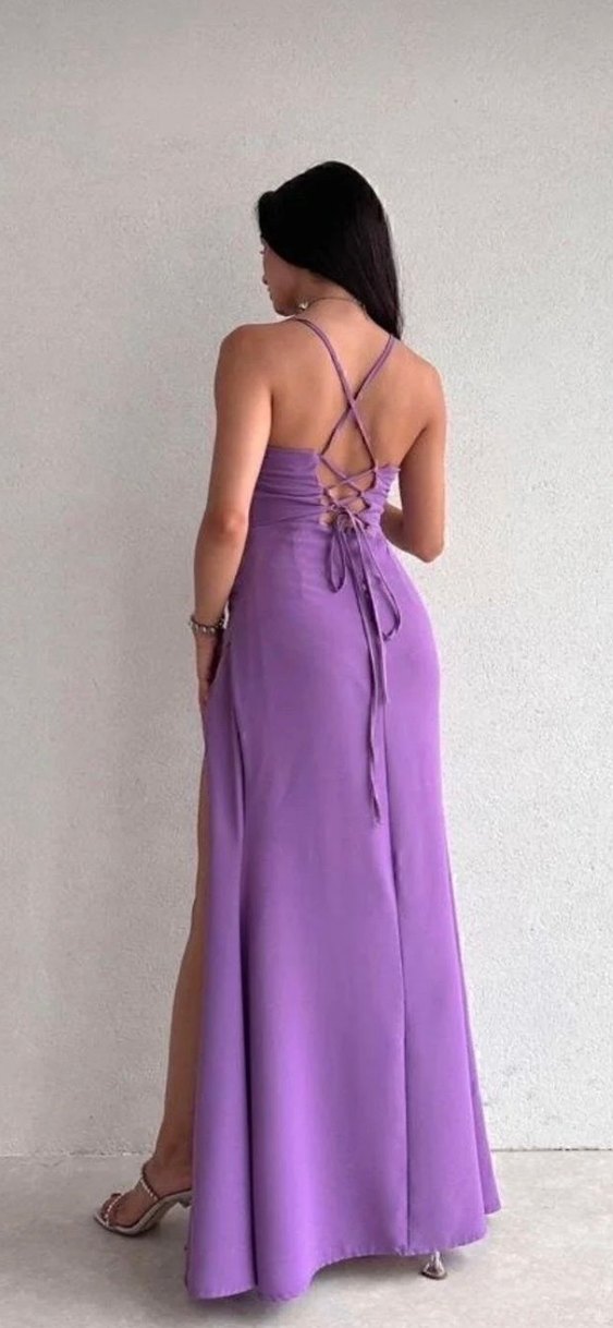 Mor Drapeli Uzun Straplez Elbise - Görsel 2