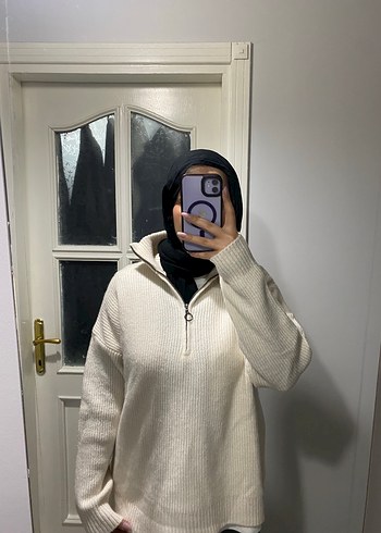 Krem yarım fermuarlı kazak - Görsel 2