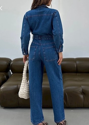 Kadın Mavi Düğmeli Denim tulum - Görsel 2