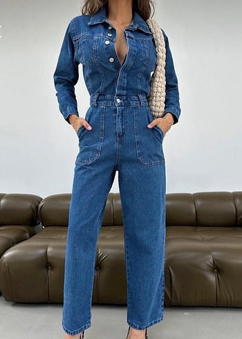 Kadın Mavi Düğmeli Denim tulum - Görsel 3