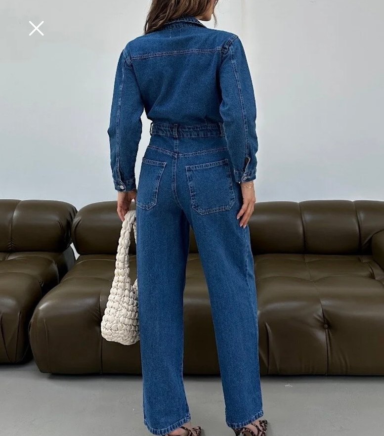 Kadın Mavi Düğmeli Denim tulum - Görsel 2