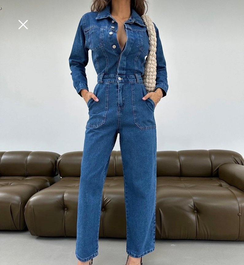 Kadın Mavi Düğmeli Denim tulum - Görsel 3