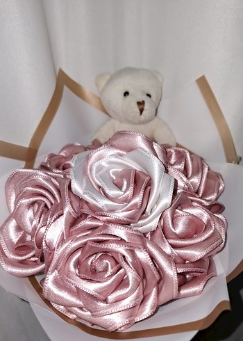 Pudra Kurdele Çiçek Buketi (Ayıcıklı) - Görsel 6