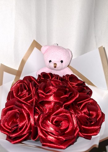 Bordo Kurdele Çiçek Buketi (Pembe Ayıcıklı) - Görsel 5