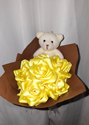 Sarı Kurdele Çiçek Buketi (Ayıcıklı) - Görsel 2