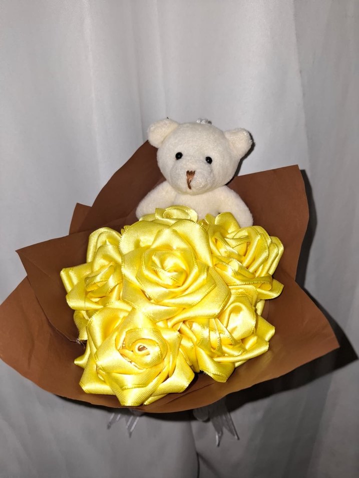 Sarı Kurdele Çiçek Buketi (Ayıcıklı) - Görsel 2