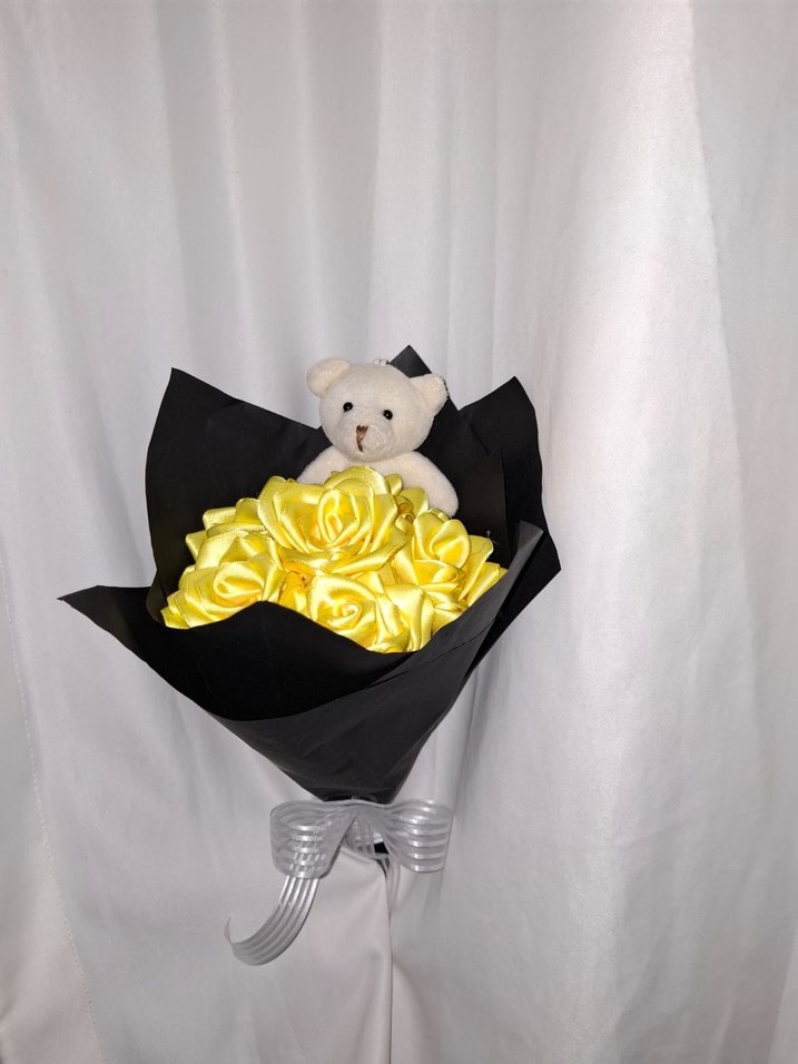 Sarı Kurdele Çiçek Buketi (Ayıcıklı) - Görsel 3