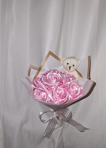 Pembe Kurdele Çiçek Buketi (Ayıcıklı) - Görsel 2