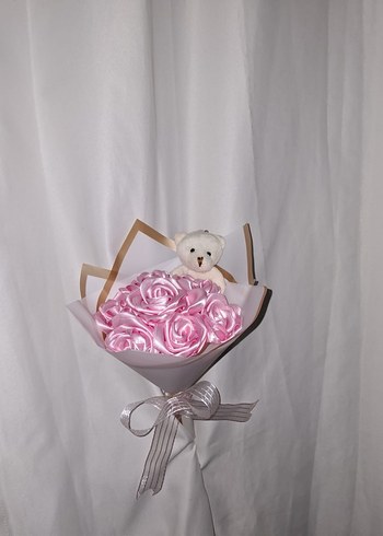 Pembe Kurdele Çiçek Buketi (Ayıcıklı) - Görsel 4