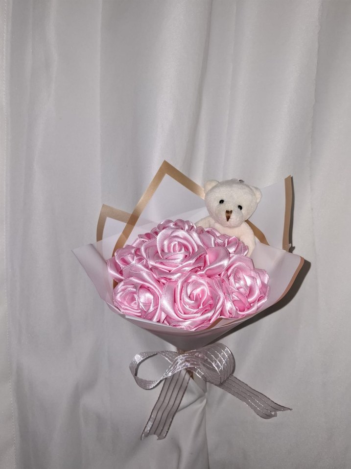 Pembe Kurdele Çiçek Buketi (Ayıcıklı) - Görsel 2