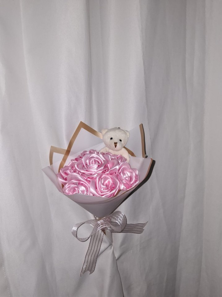 Pembe Kurdele Çiçek Buketi (Ayıcıklı) - Görsel 4