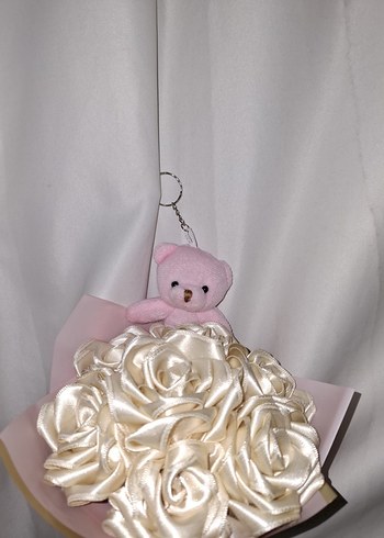 Krem Kurdele Çiçek Buketi (Pembe Ayıcıklı) - Görsel 6