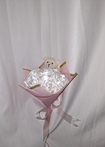 Beyaz Kurdele Çiçek Buketi (Ayıcıklı) - Görsel 2