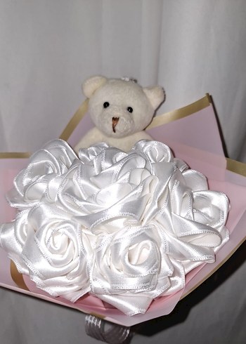 Beyaz Kurdele Çiçek Buketi (Ayıcıklı) - Görsel 6