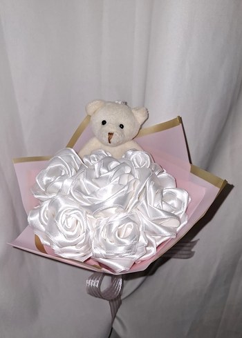 Beyaz Kurdele Çiçek Buketi (Ayıcıklı) - Görsel 5