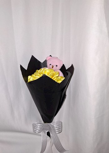 Sarı Kurdele Çiçek Buketi (Pembe Ayıcıklı) - Görsel 2