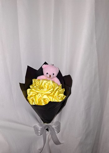 Sarı Kurdele Çiçek Buketi (Pembe Ayıcıklı) - Görsel 4