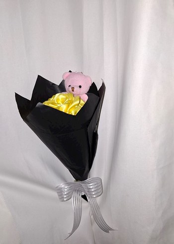 Sarı Kurdele Çiçek Buketi (Pembe Ayıcıklı) - Görsel 3