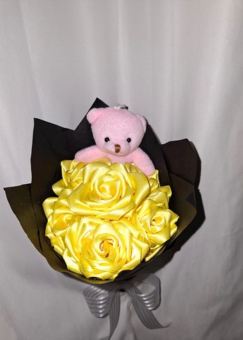 Sarı Kurdele Çiçek Buketi (Pembe Ayıcıklı) - Görsel 5