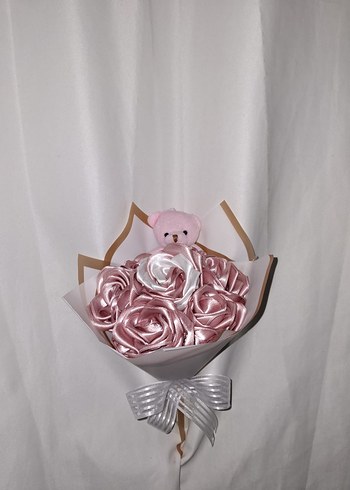 Pudra Kurdele Çiçek Buketi ( Pembe Ayıcıklı) - Görsel 2