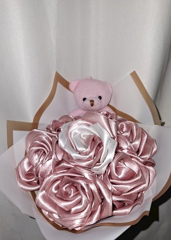 Pudra Kurdele Çiçek Buketi ( Pembe Ayıcıklı) - Görsel 6