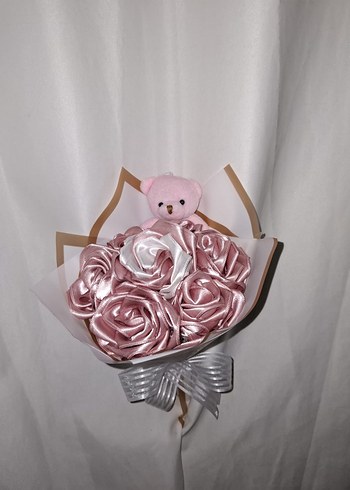 Pudra Kurdele Çiçek Buketi ( Pembe Ayıcıklı) - Görsel 5