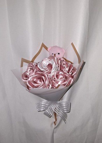 Pudra Kurdele Çiçek Buketi ( Pembe Ayıcıklı) - Görsel 4