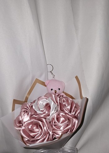 Pudra Kurdele Çiçek Buketi ( Pembe Ayıcıklı) - Görsel 8