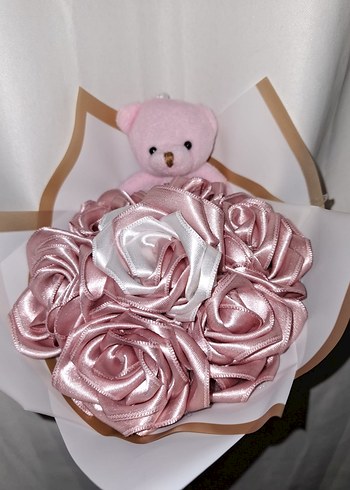 Pudra Kurdele Çiçek Buketi ( Pembe Ayıcıklı) - Görsel 7