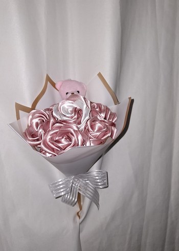 Pudra Kurdele Çiçek Buketi ( Pembe Ayıcıklı) - Görsel 3