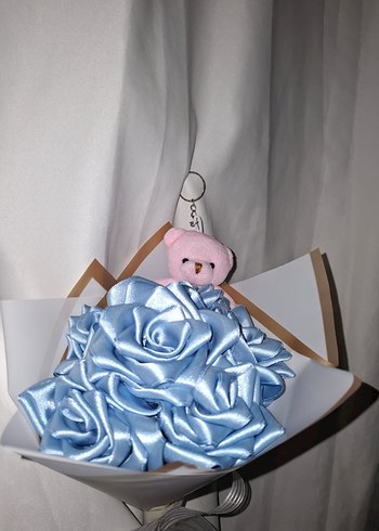 Mavi Kurdele Çiçek Buketi (Pembe Ayıcıklı) - Görsel 6