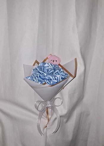 Mavi Kurdele Çiçek Buketi (Pembe Ayıcıklı) - Görsel 2