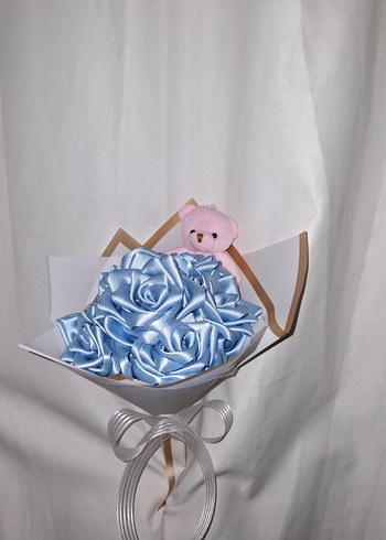 Mavi Kurdele Çiçek Buketi (Pembe Ayıcıklı) - Görsel 3