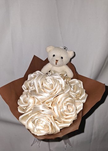 Krem Kurdele Çiçek Buketi (Ayıcıklı) - Görsel 5