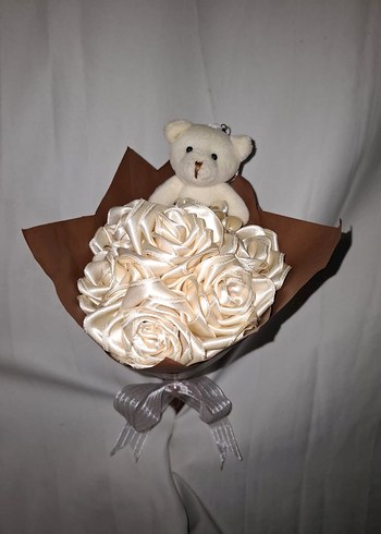 Krem Kurdele Çiçek Buketi (Ayıcıklı) - Görsel 4