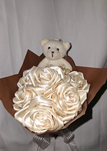 Krem Kurdele Çiçek Buketi (Ayıcıklı) - Görsel 6