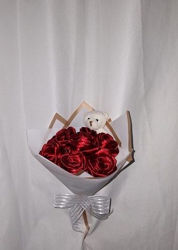 Bordo Kurdele Çiçek Buketi (Ayıcıklı) - Görsel 3