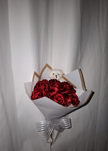 Bordo Kurdele Çiçek Buketi (Ayıcıklı) - Görsel 2