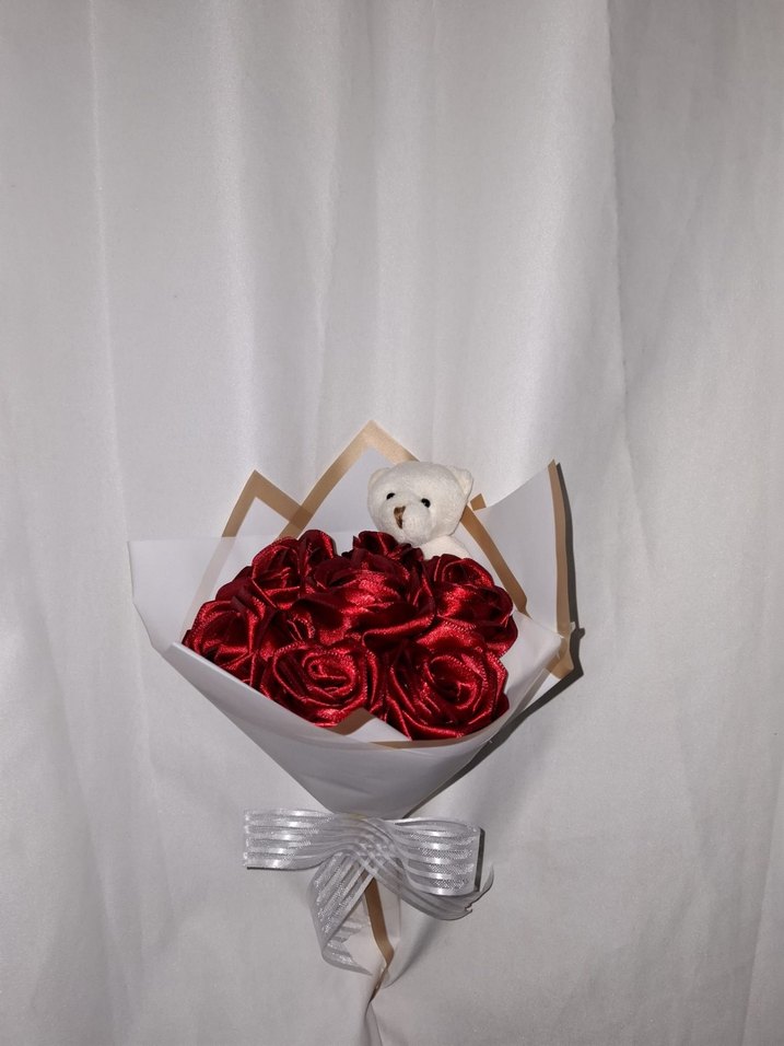 Bordo Kurdele Çiçek Buketi (Ayıcıklı) - Görsel 3