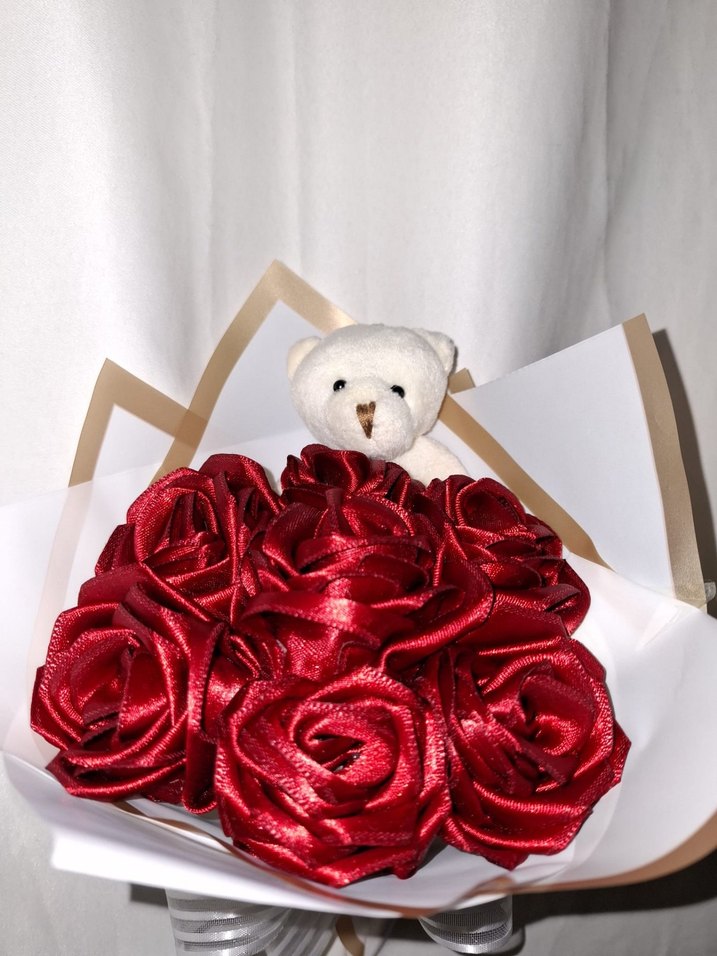 Bordo Kurdele Çiçek Buketi (Ayıcıklı) - Görsel 5