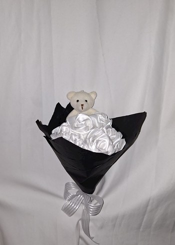 Beyaz Kurdele Çiçek Buketi (Ayıcıklı) - Görsel 2