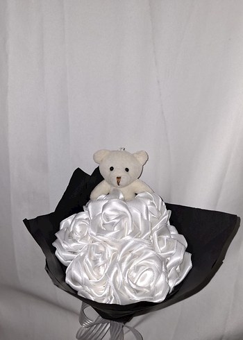 Beyaz Kurdele Çiçek Buketi (Ayıcıklı) - Görsel 4