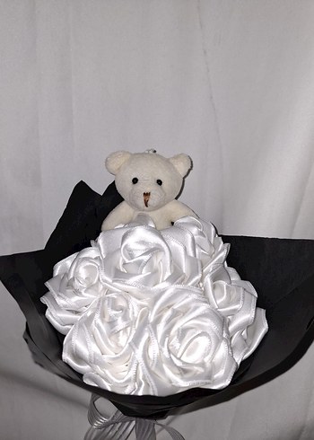 Beyaz Kurdele Çiçek Buketi (Ayıcıklı) - Görsel 5