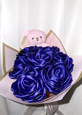 Lacivert Kurdele Çiçek Buketi (Pembe Ayıcıklı) - Görsel 5