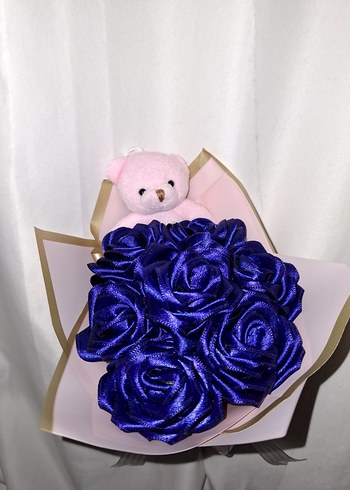 Lacivert Kurdele Çiçek Buketi (Pembe Ayıcıklı) - Görsel 4